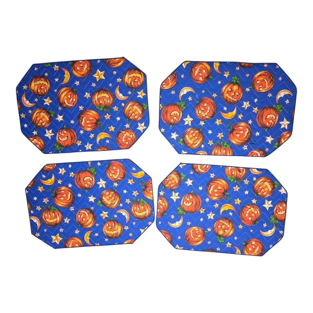 Set of 4 Vintage Halloween Jack-O'-Lantern Quilted Fabric Placemats Pumpkin Moon